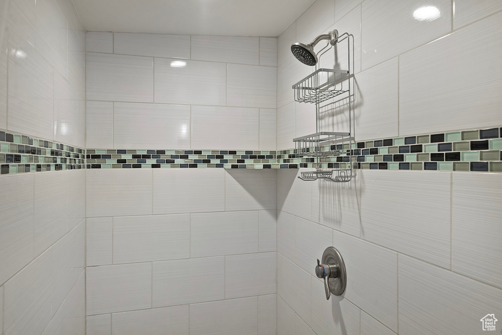 Bathroom view of a tile shower