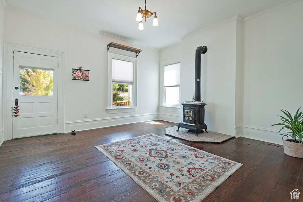 Foyer featuring hardwood / wood-style floors, a wood stove, and ornamental molding