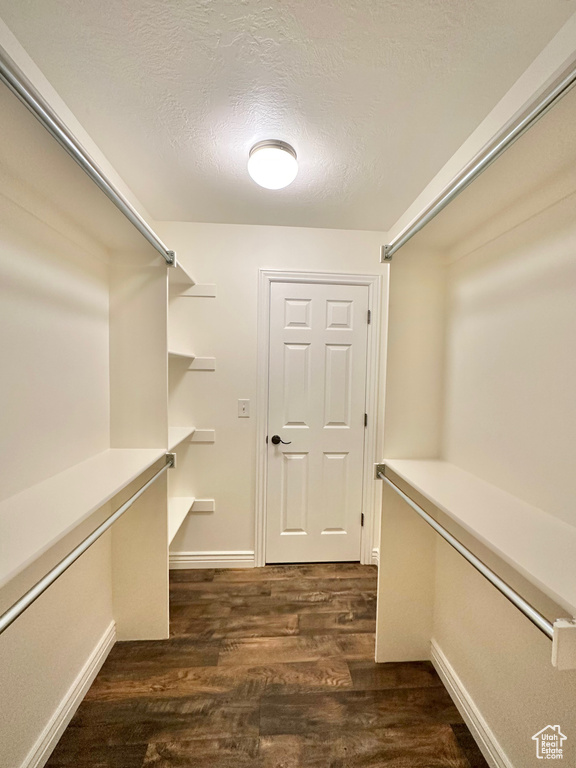 Spacious closet with dark wood-style floors