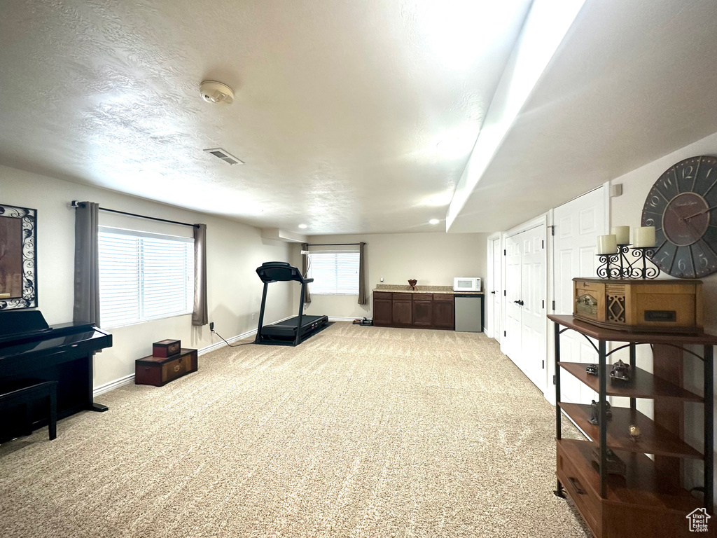 Workout area featuring carpet floors