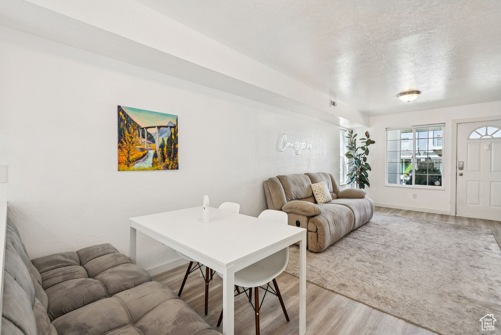 Living area with light wood-type flooring and a textured ceiling
