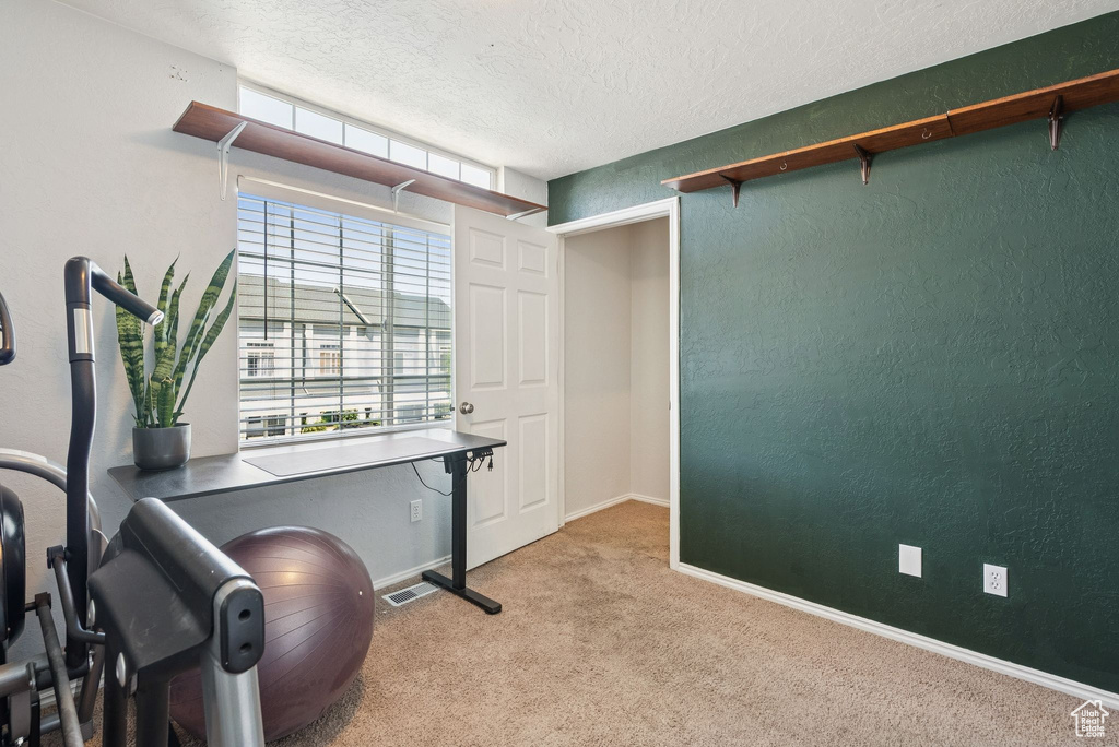 Office space with a textured wall, carpet floors, and a textured ceiling