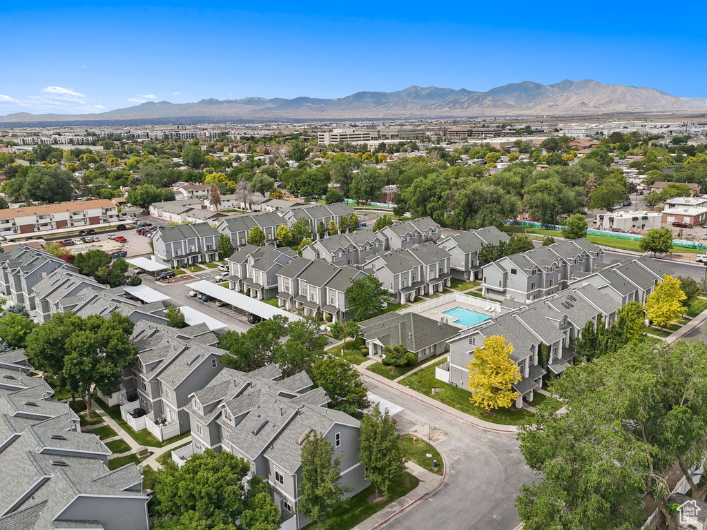 Aerial view of residential area with mountains