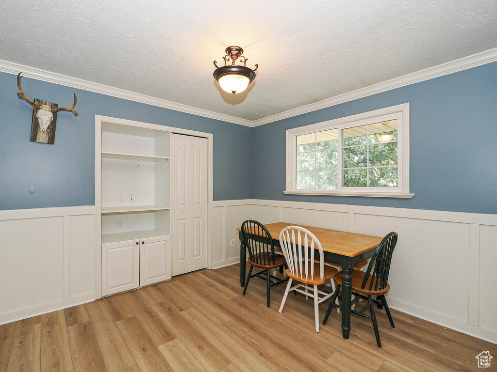 Dining space featuring a wainscoted wall, a decorative wall, light wood finished floors, and ornamental molding