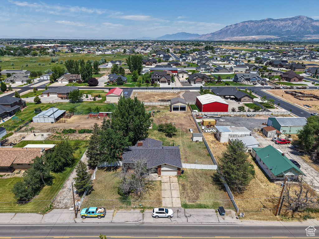 Aerial perspective of suburban area featuring mountains