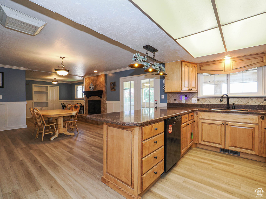 Kitchen with dishwasher, a wainscoted wall, light wood-type flooring, a peninsula, and crown molding
