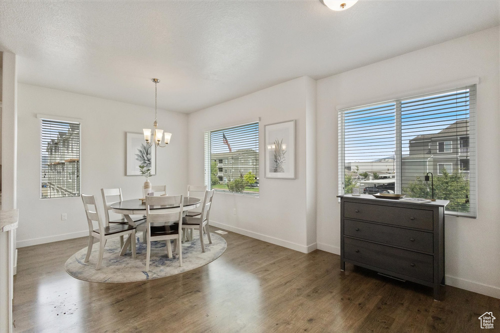 Dining room featuring a chandelier, healthy amount of natural light, and dark wood-type flooring