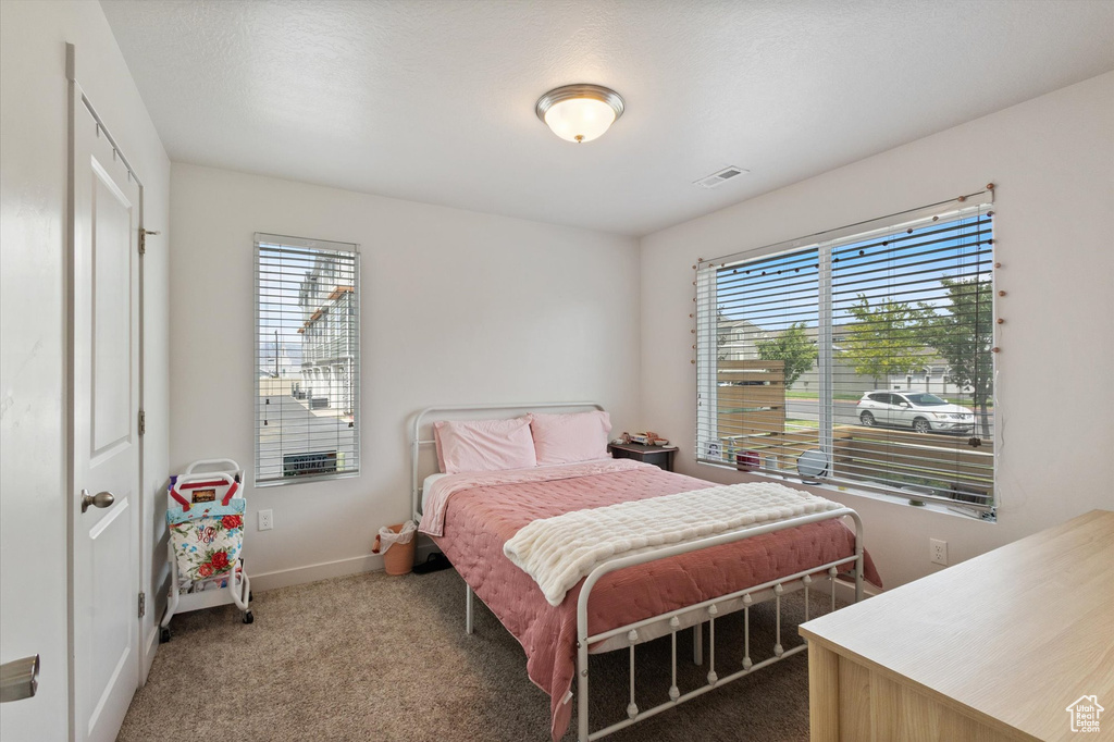 Bedroom with multiple windows and carpet
