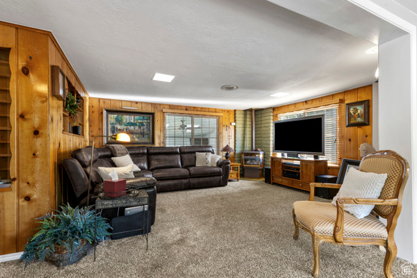 Carpeted living area featuring wooden walls