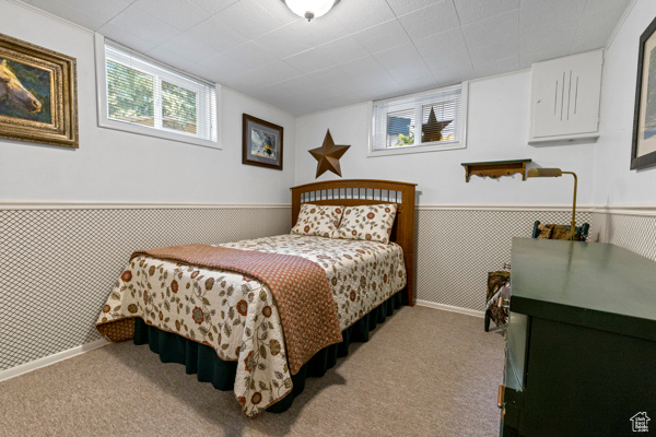 Bedroom featuring a wainscoted wall and carpet floors
