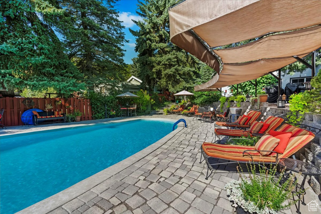 View of pool featuring a patio and a fenced backyard