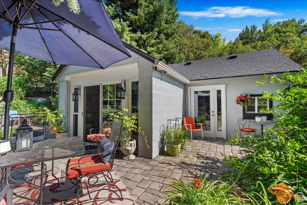View of patio featuring french doors