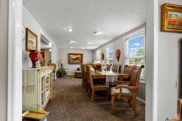 Carpeted dining area with a textured ceiling and baseboards