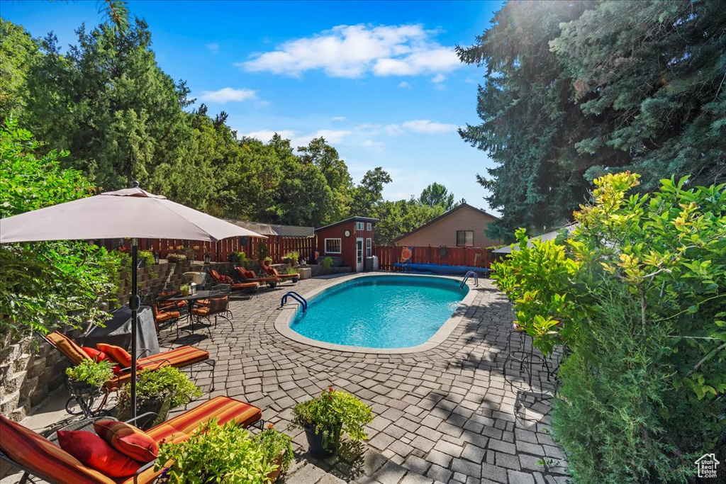 View of pool featuring a patio, a fenced backyard, and a storage unit