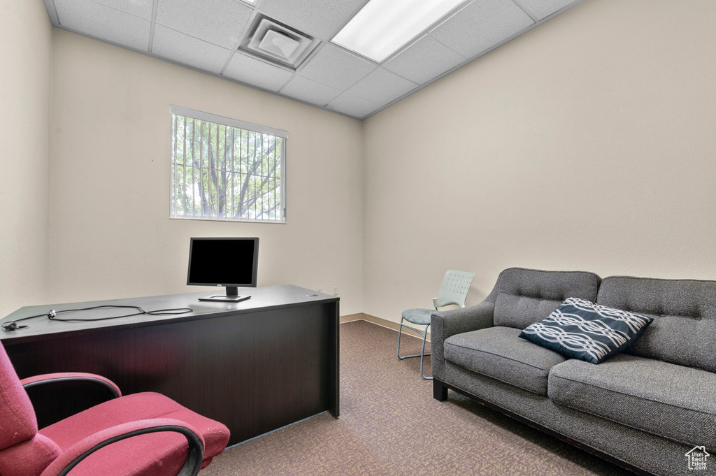 Home office featuring carpet flooring and a drop ceiling