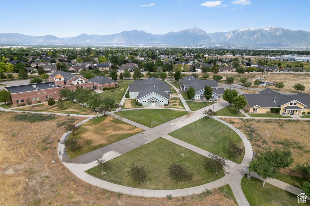 Aerial perspective of suburban area featuring mountains