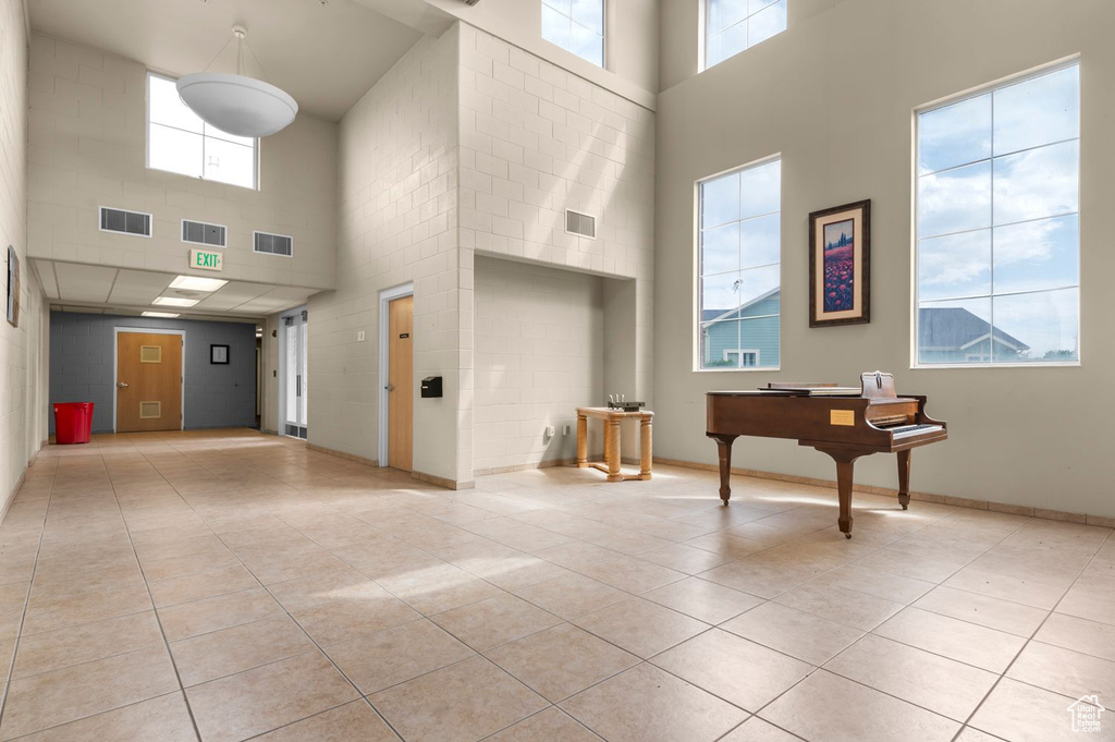 Community lobby with a towering ceiling