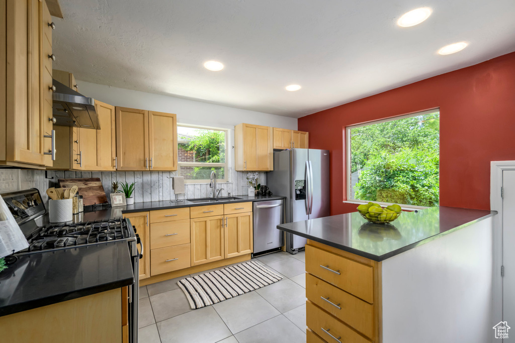 Kitchen with stainless steel appliances, ventilation hood, dark countertops, backsplash, and recessed lighting