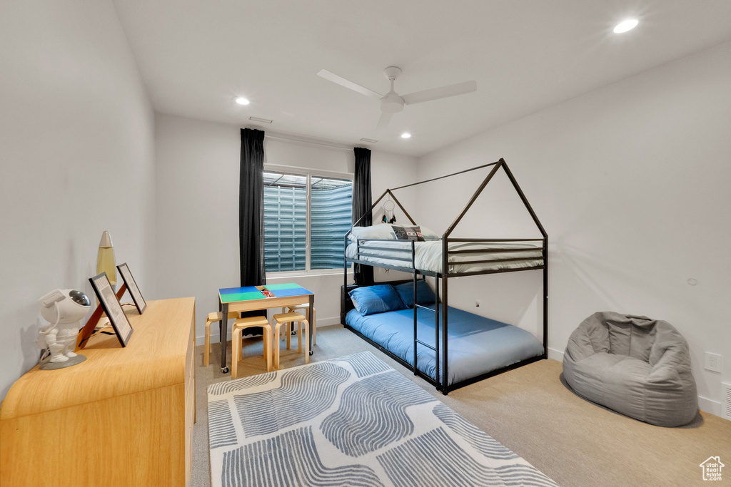 Bedroom featuring recessed lighting, carpet floors, and ceiling fan