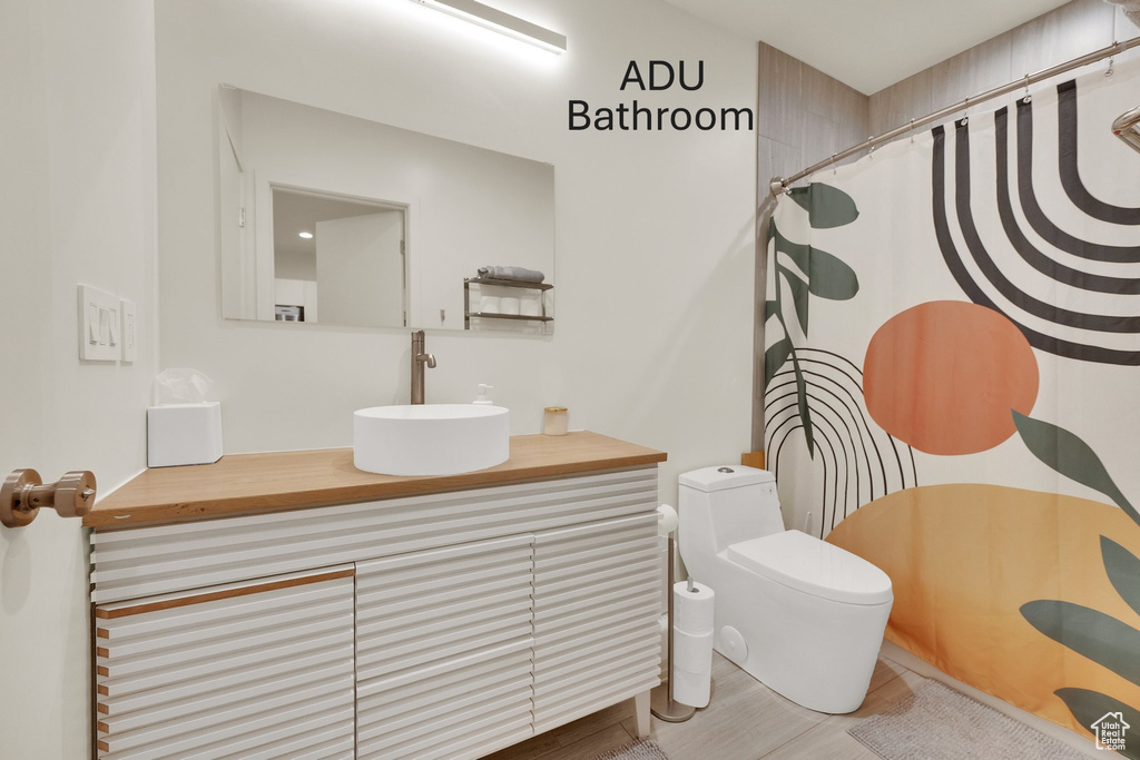 Bathroom featuring vanity, a shower with curtain, and wood finished floors