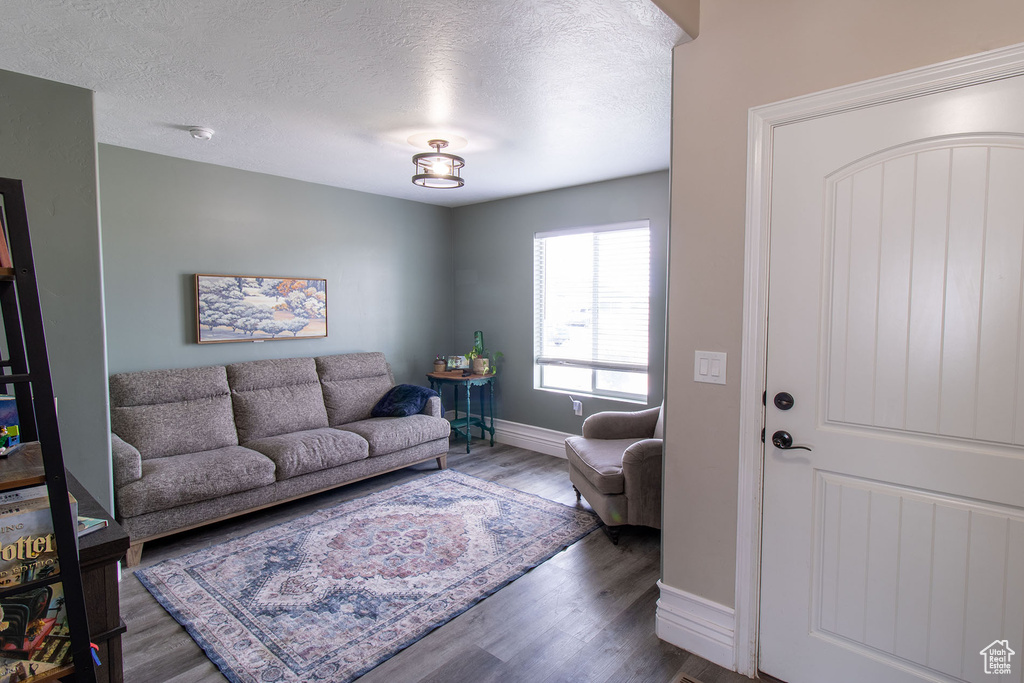 Living area with wood finished floors and a textured ceiling