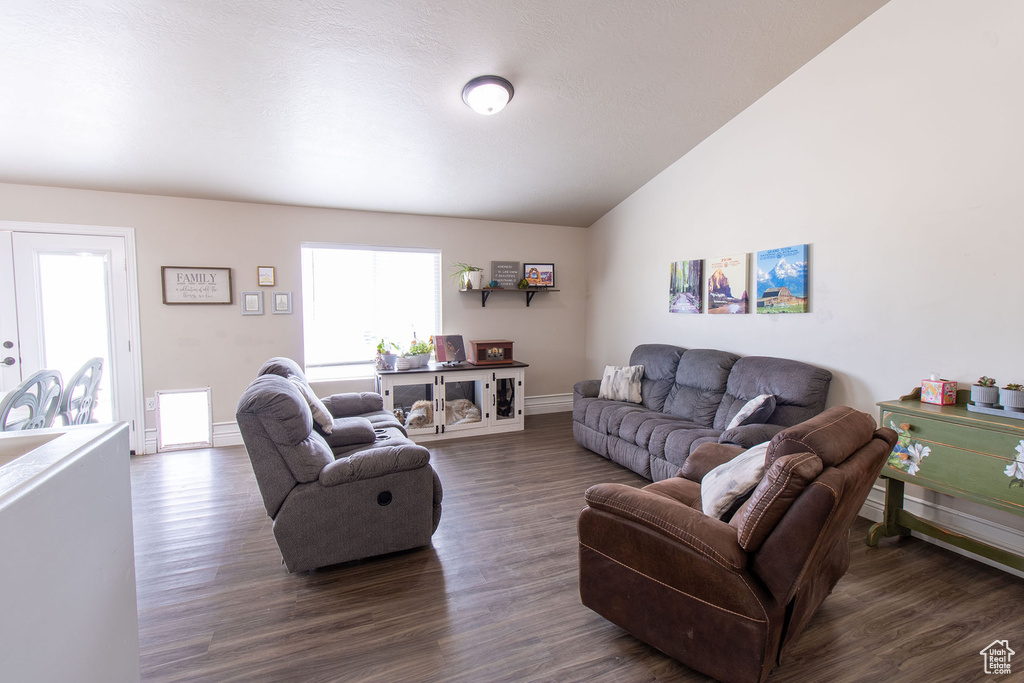 Living area with lofted ceiling and dark wood-style floors