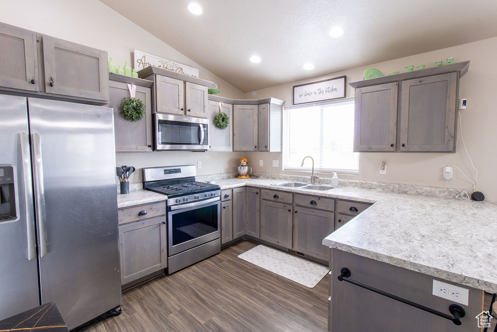 Kitchen with stainless steel appliances, lofted ceiling, dark wood-type flooring, light countertops, and recessed lighting