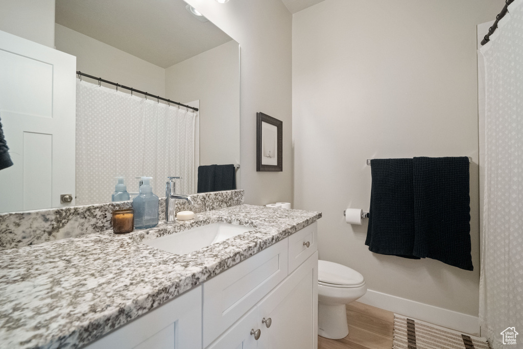 Full bathroom with vanity, wood finished floors, and curtained shower