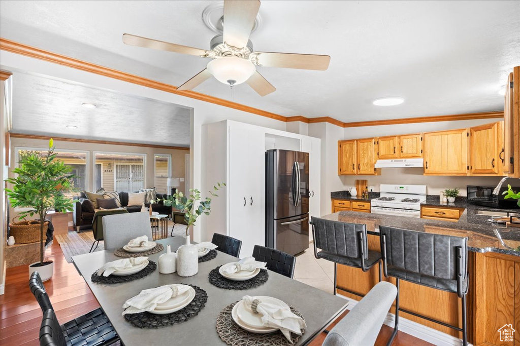 Dining room with crown molding and a ceiling fan