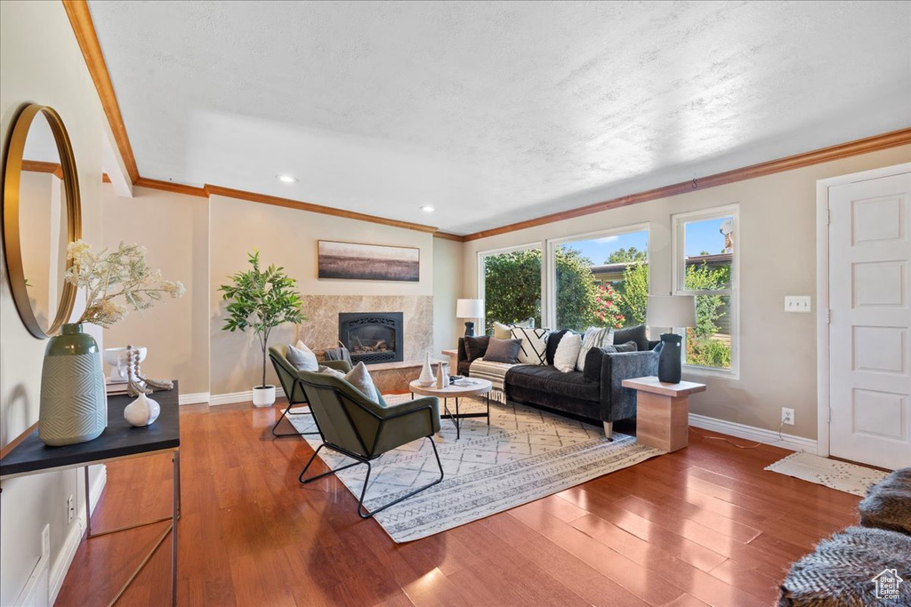 Living room with ornamental molding, wood finished floors, a high end fireplace, and recessed lighting
