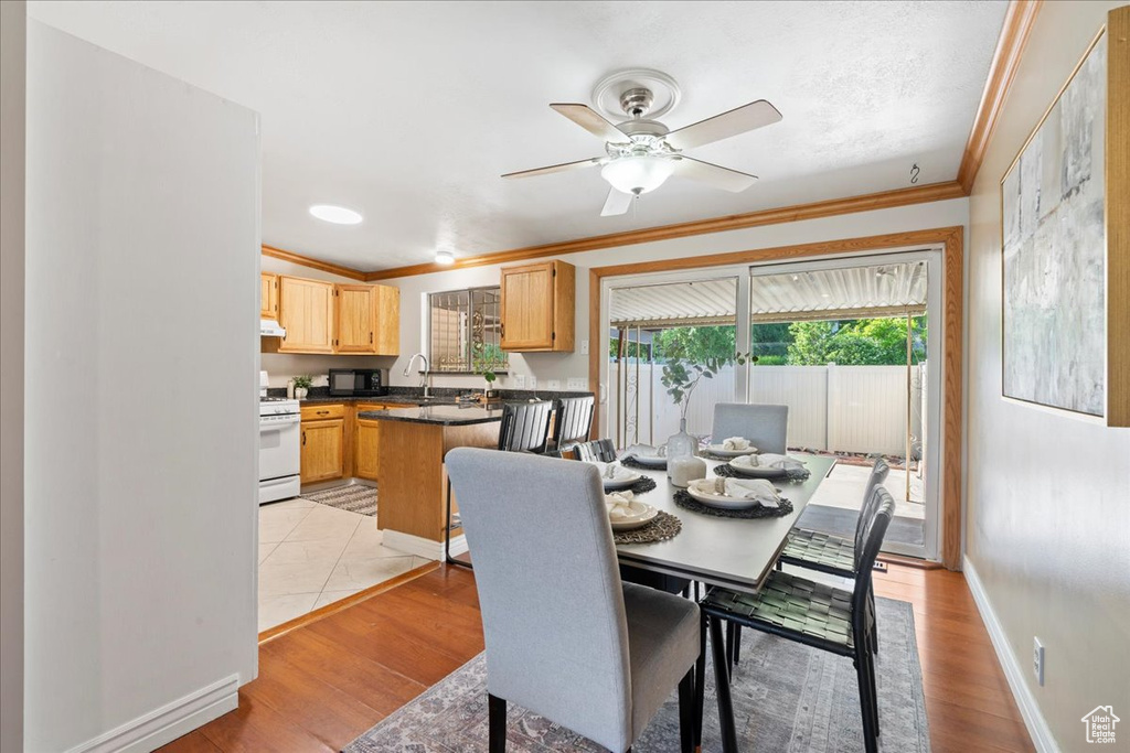 Dining area with crown molding, ceiling fan, and light wood-style flooring
