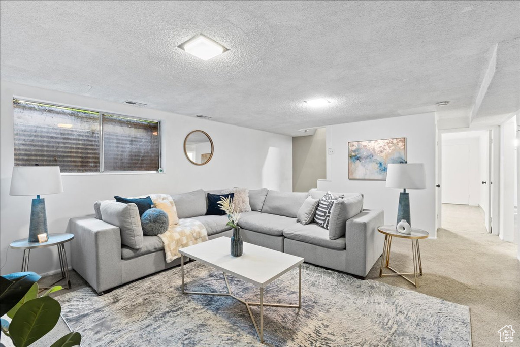 Living room featuring a textured ceiling and carpet