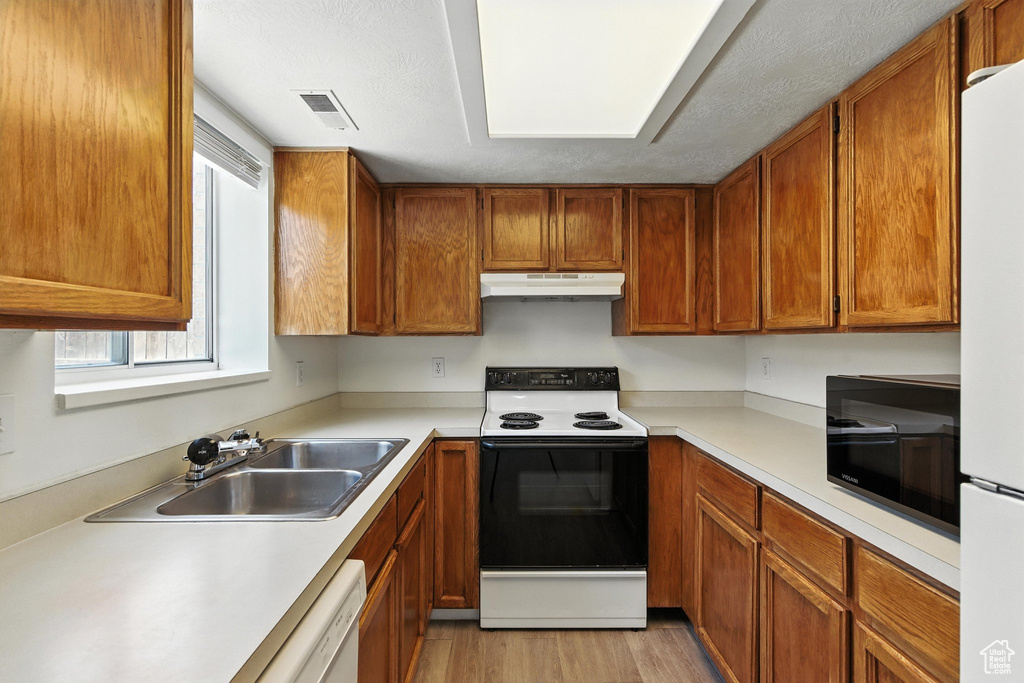Kitchen with white appliances, under cabinet range hood, light wood-type flooring, and light countertops