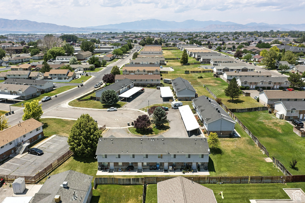 Aerial view of residential area with mountains