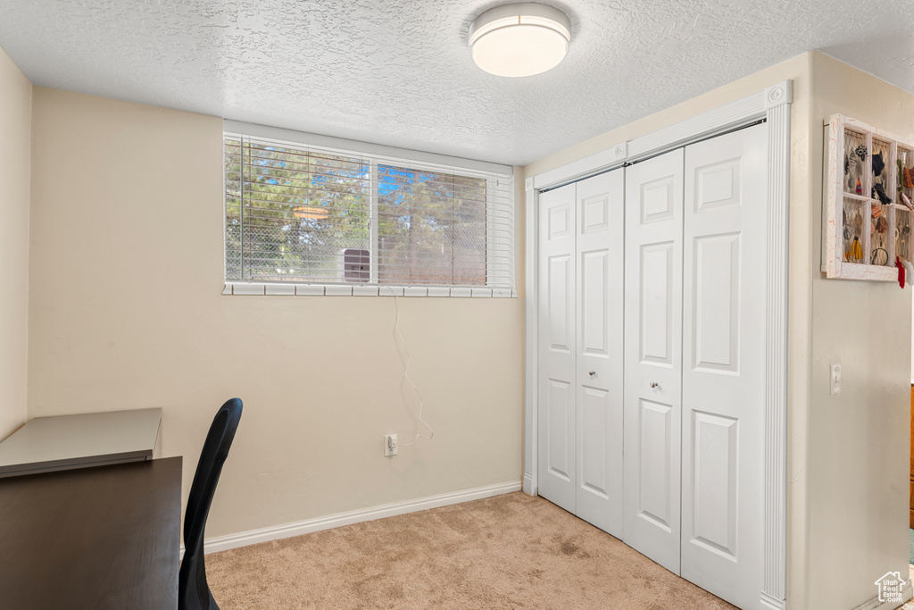 Unfurnished office with carpet flooring and a textured ceiling