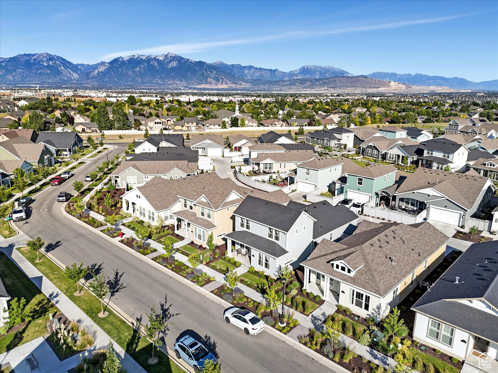 Aerial perspective of suburban area with mountains