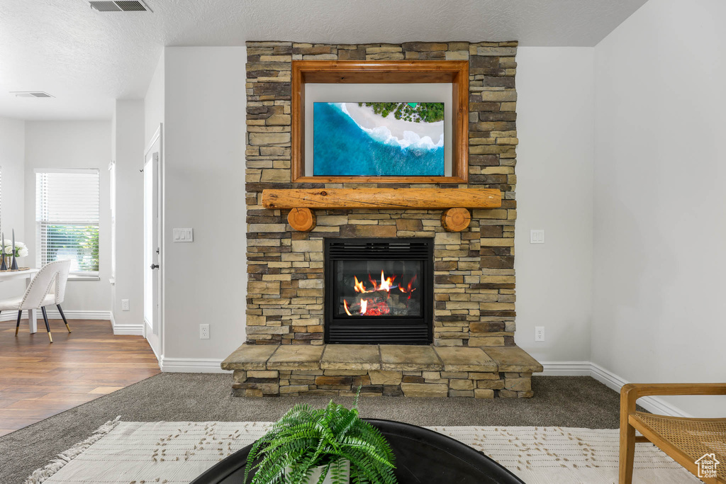 Living room with a stone fireplace, wood finished floors, and carpet flooring