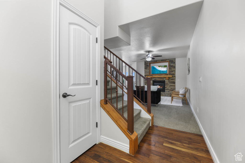 Staircase featuring a fireplace, wood finished floors, and ceiling fan