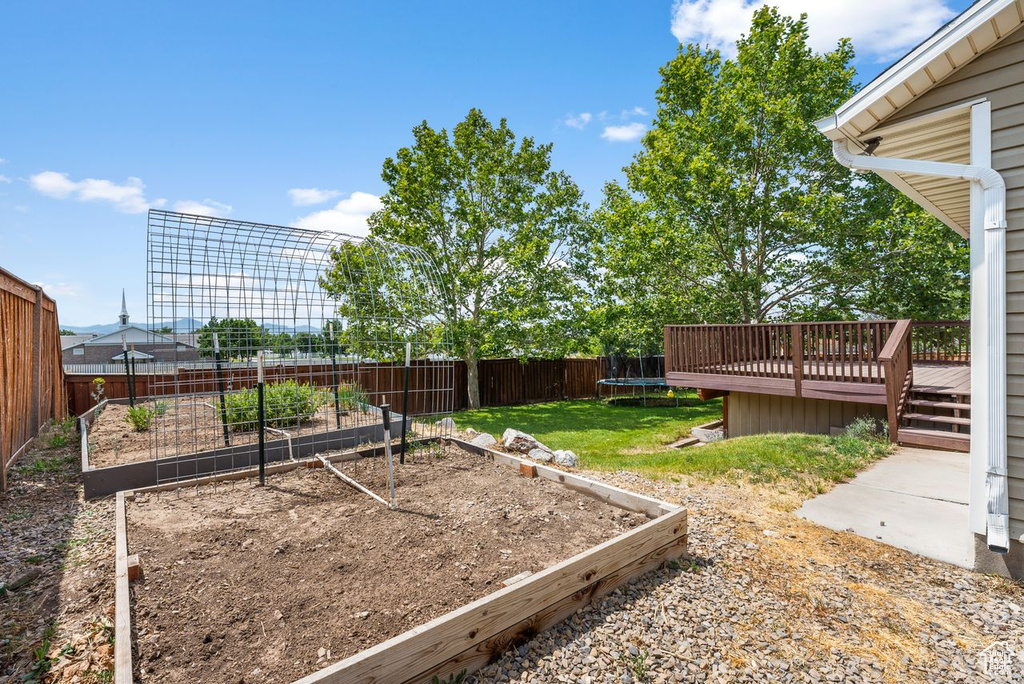 Fenced backyard with a garden, a trampoline, and a wooden deck