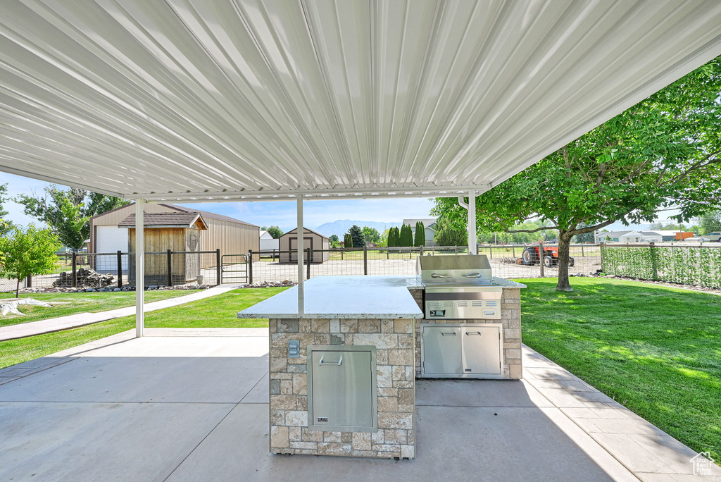 Fenced backyard with an outdoor kitchen, a patio, and a shed