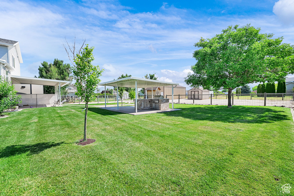 Fenced backyard with an outdoor kitchen and a patio area