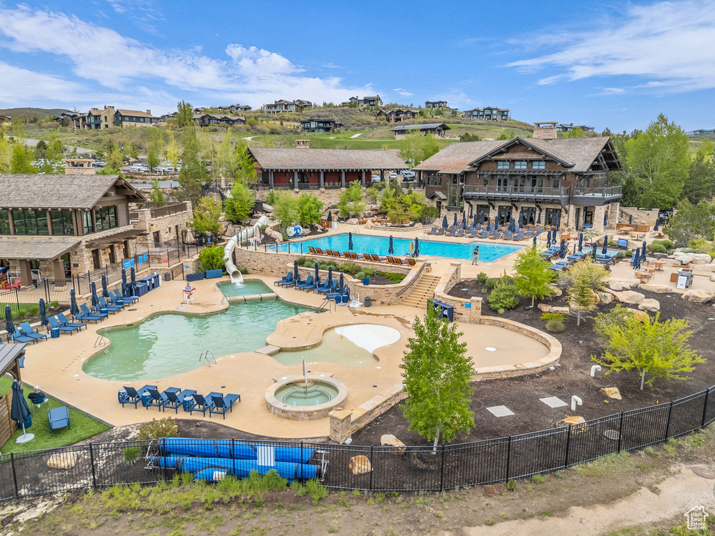 Drone / aerial view of a pool
