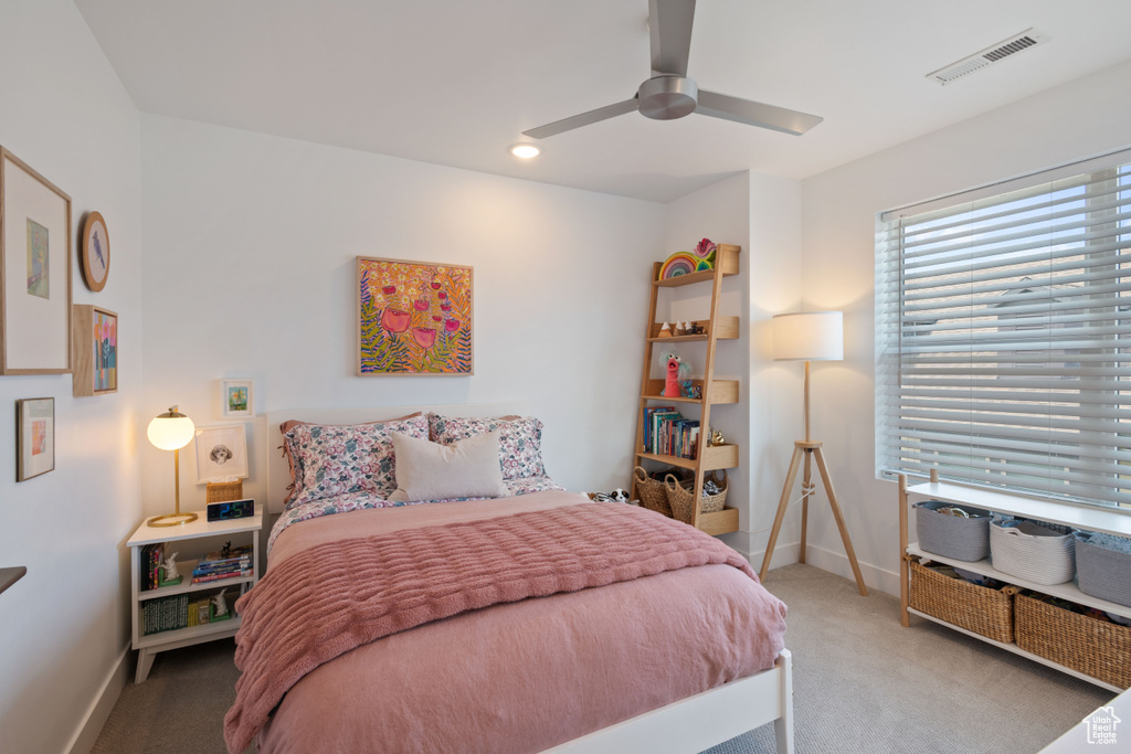 Bedroom featuring carpet floors, a ceiling fan, and recessed lighting