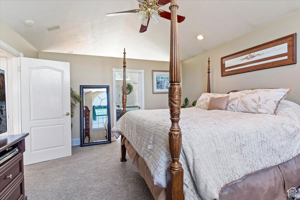 Bedroom featuring carpet flooring, vaulted ceiling, ceiling fan, and recessed lighting