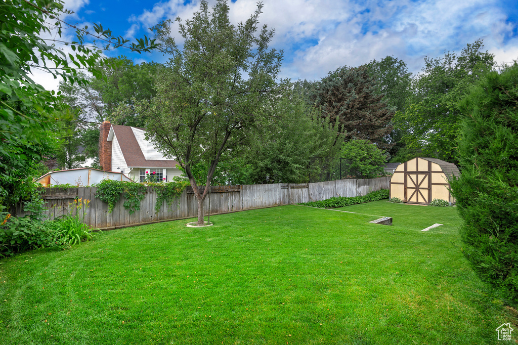 Fenced backyard with a storage shed