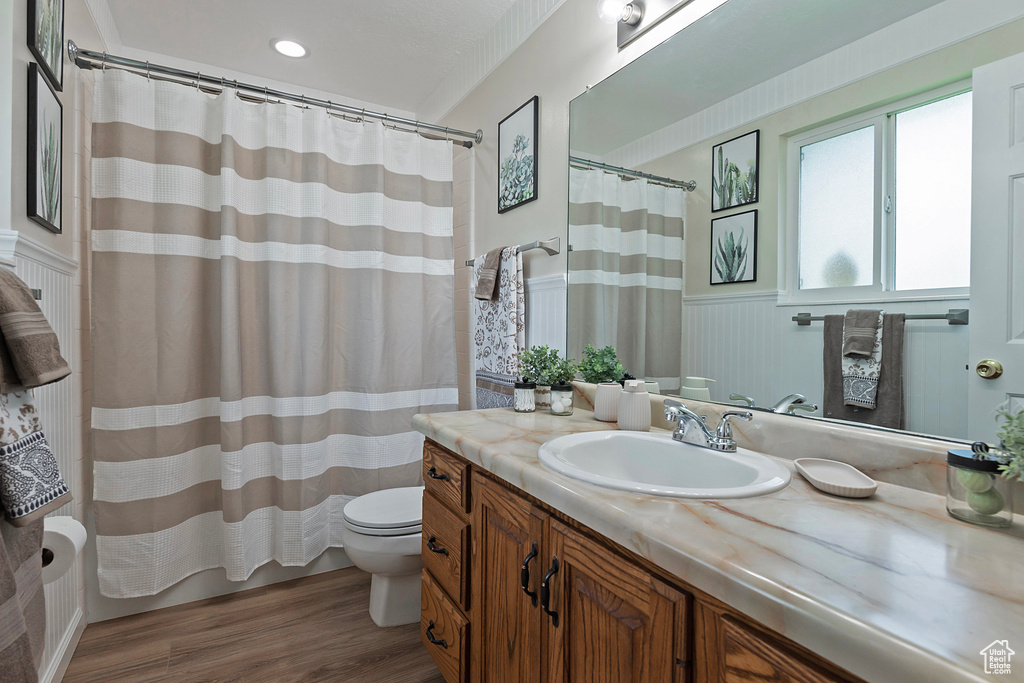 Bathroom featuring vanity, wood finished floors, a wainscoted wall, and curtained shower