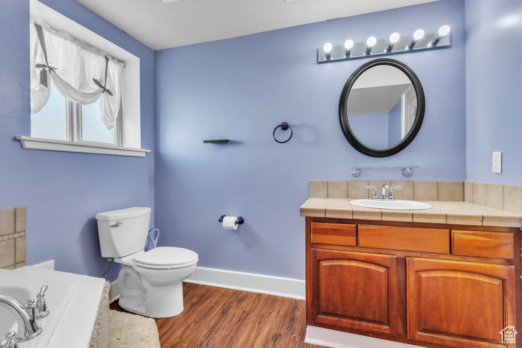 Bathroom featuring vanity, wood finished floors, and a bath
