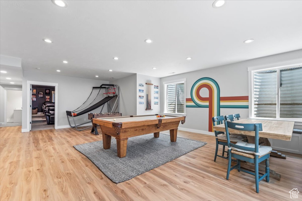 Rec room featuring billiards table, light wood-style floors, and recessed lighting