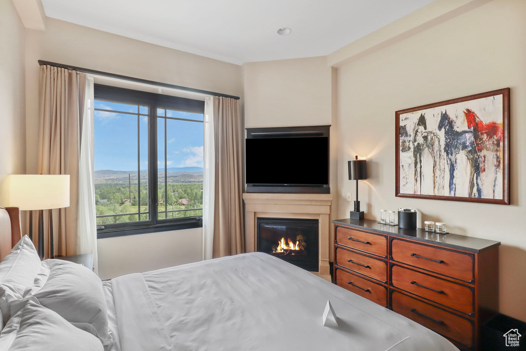Bedroom with multiple windows and a glass covered fireplace