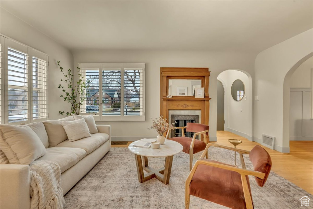 Living room with arched walkways, wood finished floors, and a fireplace